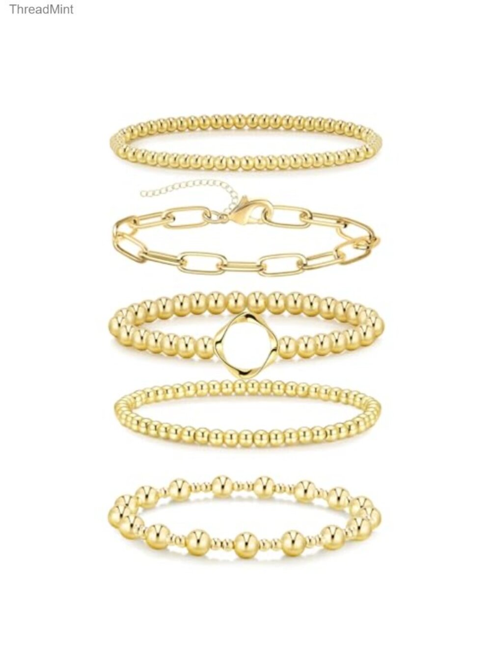 5Pc Gold Plated Stackable Bracelets Set, Stretch Charm Layering Jewelry